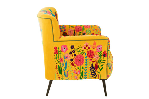 Armchair Flowers Embroidery Velvet Yellow